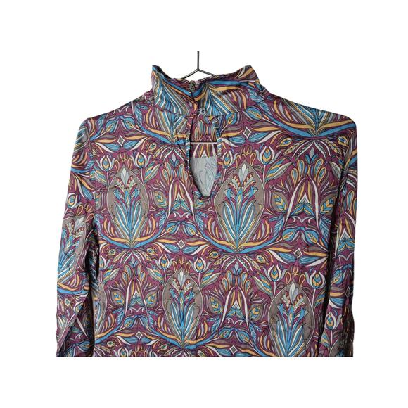 SFIZIO Nouveau Floral Turtleneck Top Italy Long Sleeve Keyhole Back S-M - Picture 8 of 11